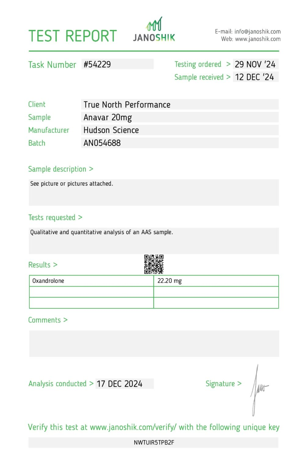 ANAVAR 20MG X 50 – Hudson Science (Certificate of Analysis, Second Image. UPDATED )Price increase due to limited supply and global shortages. - Image 2