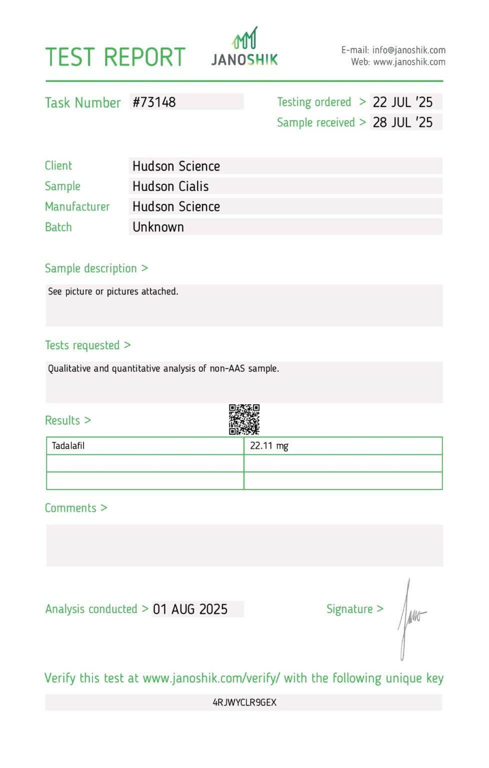 CIALIS 20MG X 50 – Hudson Science (Certificate of Analysis, Second Image. UPDATED ) - Image 2