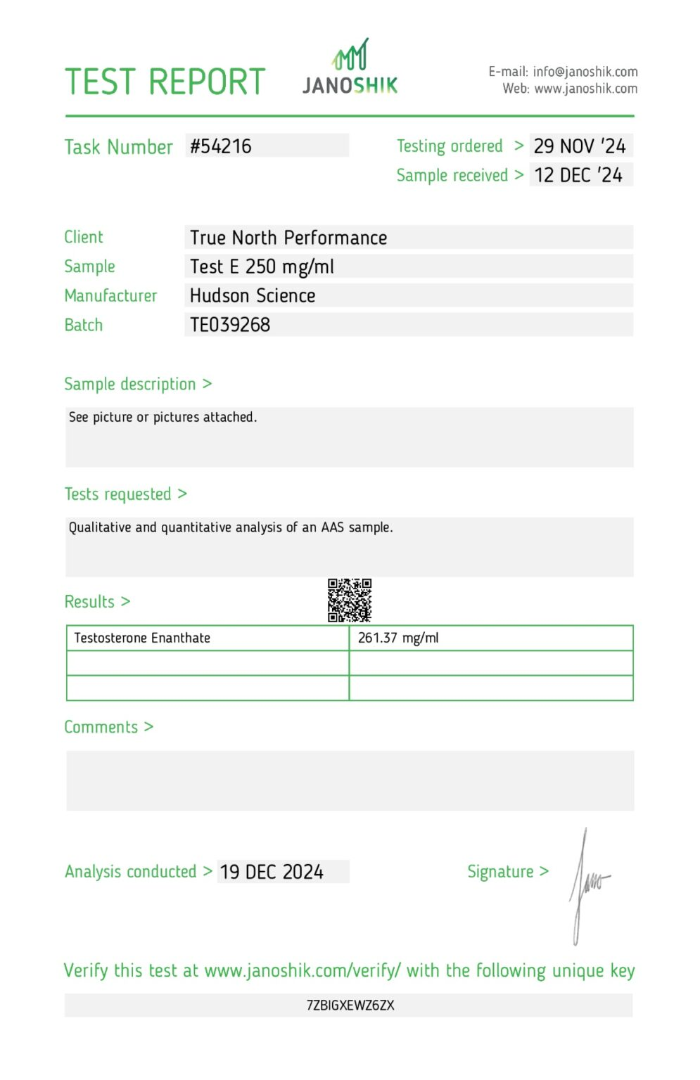 TESTOSTERONE ENANTHATE 250MG/ML MCT – Hudson Science (Certificate of Analysis, Second Image) - Image 2